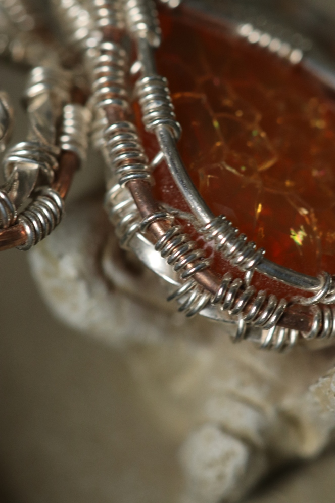 Detail Wire Wrapped Fire Opal Pendant